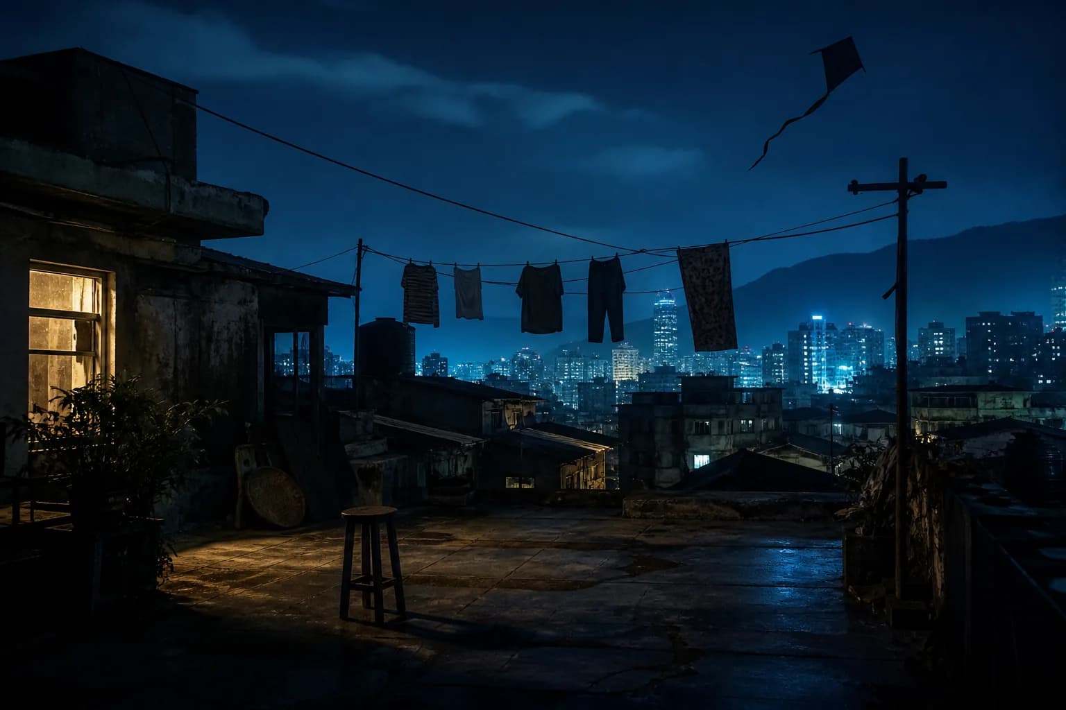 A night rooftop with laundry on the line