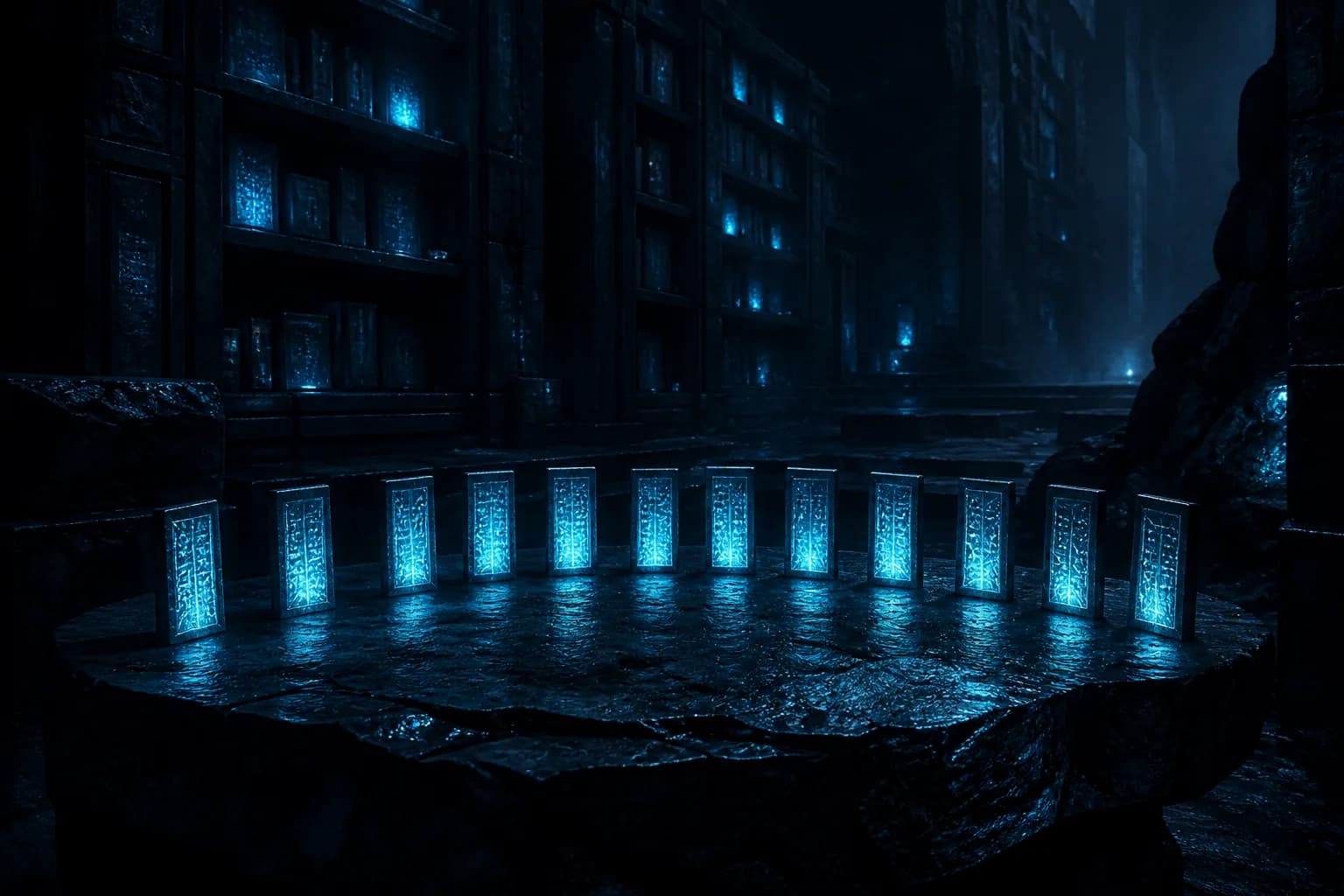 Twelve glowing stone slips on a night desk