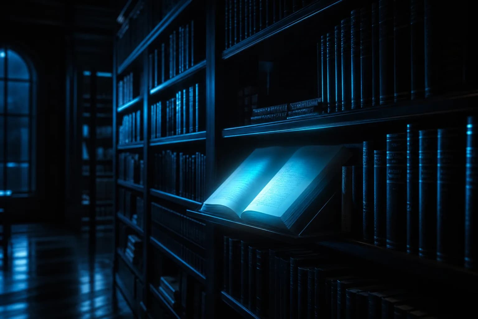 A book glowing in a night library