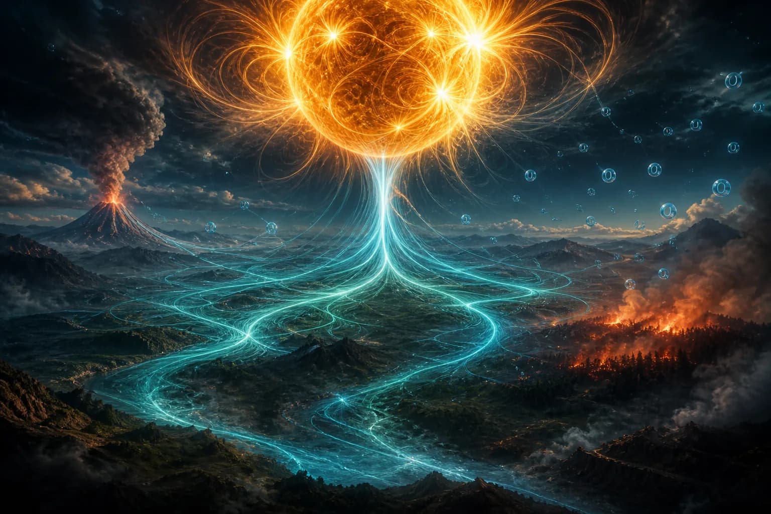 Drink CO₂ to refine magnetic flow; volcanoes and forest fires if short