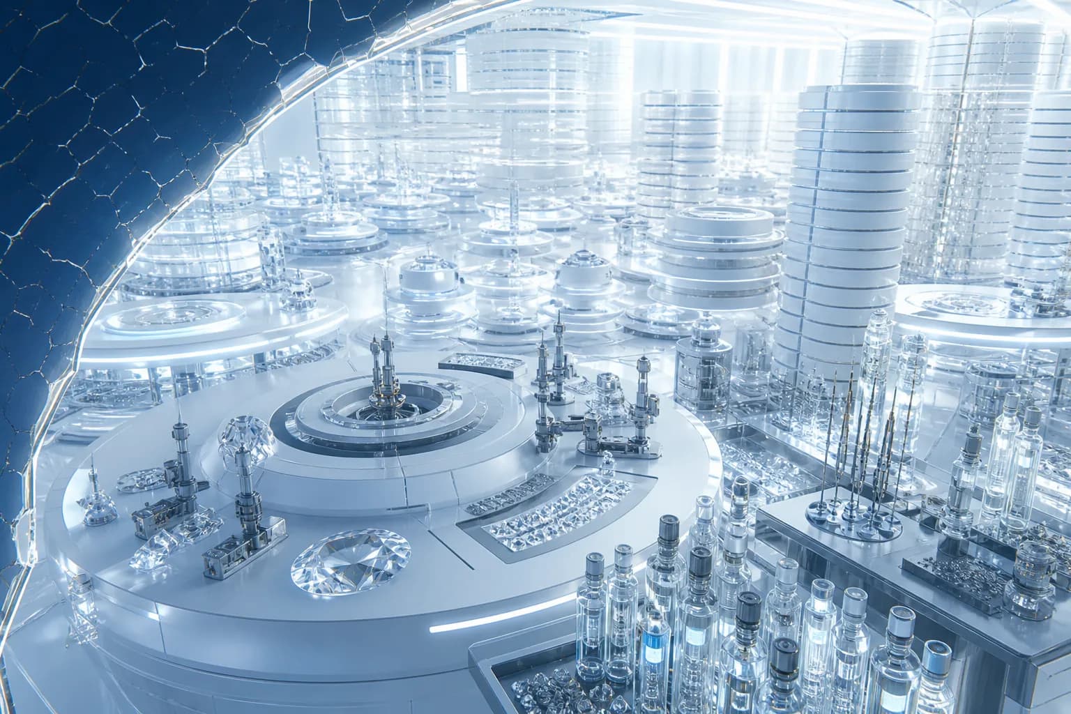 Interior sun-factory: Star Lords forging craft, porcelain towers, flow-bottles
