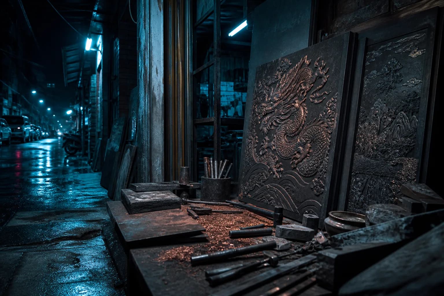 Stone-and-copper reliefs on a night workbench