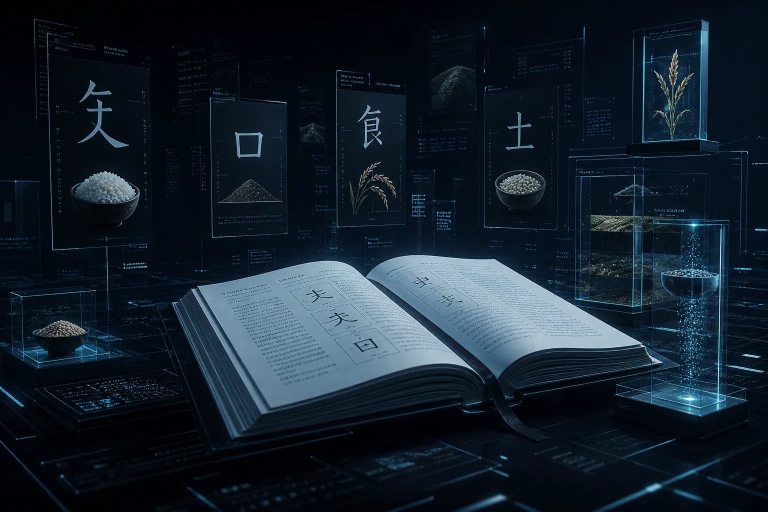Dictionary pages with radical food-store cards