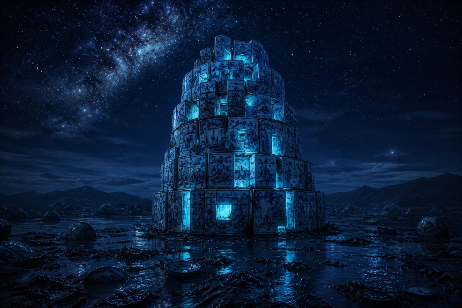 Porcelain-stack tower under the stars