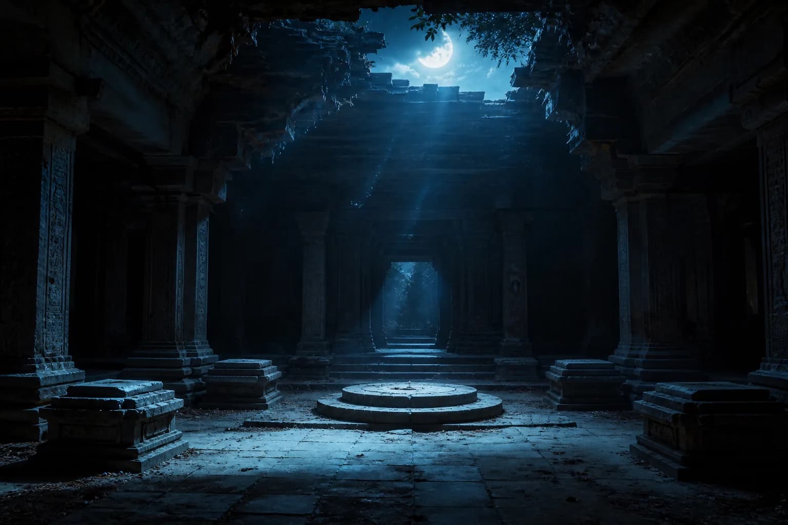 An empty temple at night