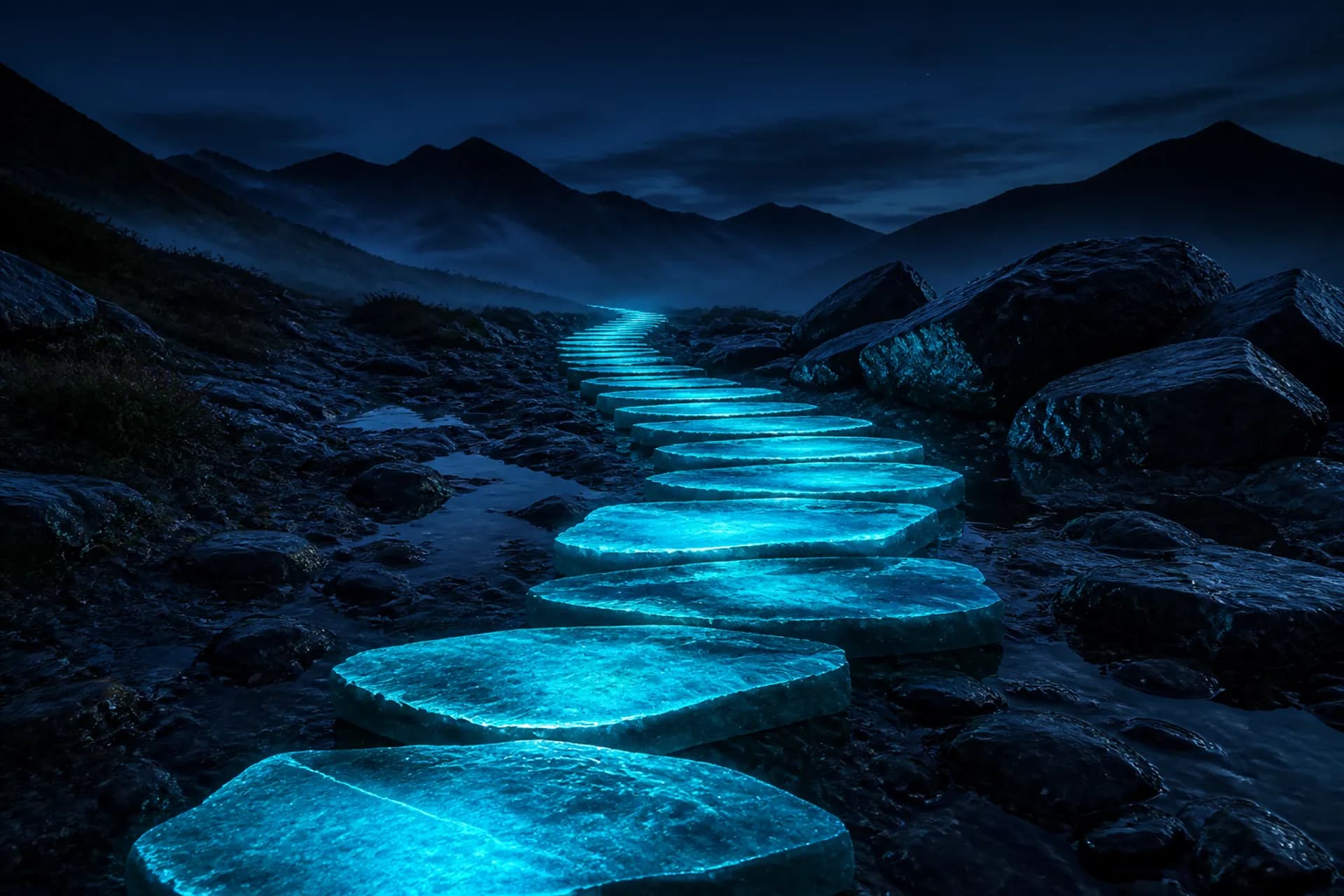 Cyan stepping-stones on a night path