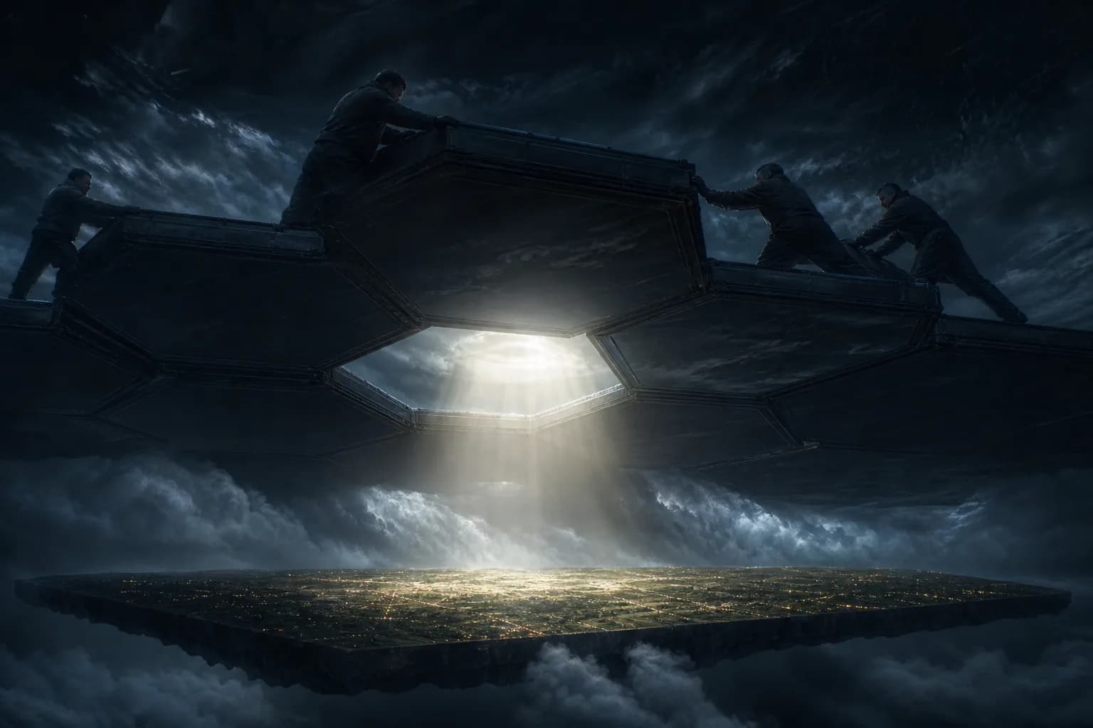 Wind–Cloud Adepts shifting hexagonal black-cloud plates; daylight through the opening onto the floating land below