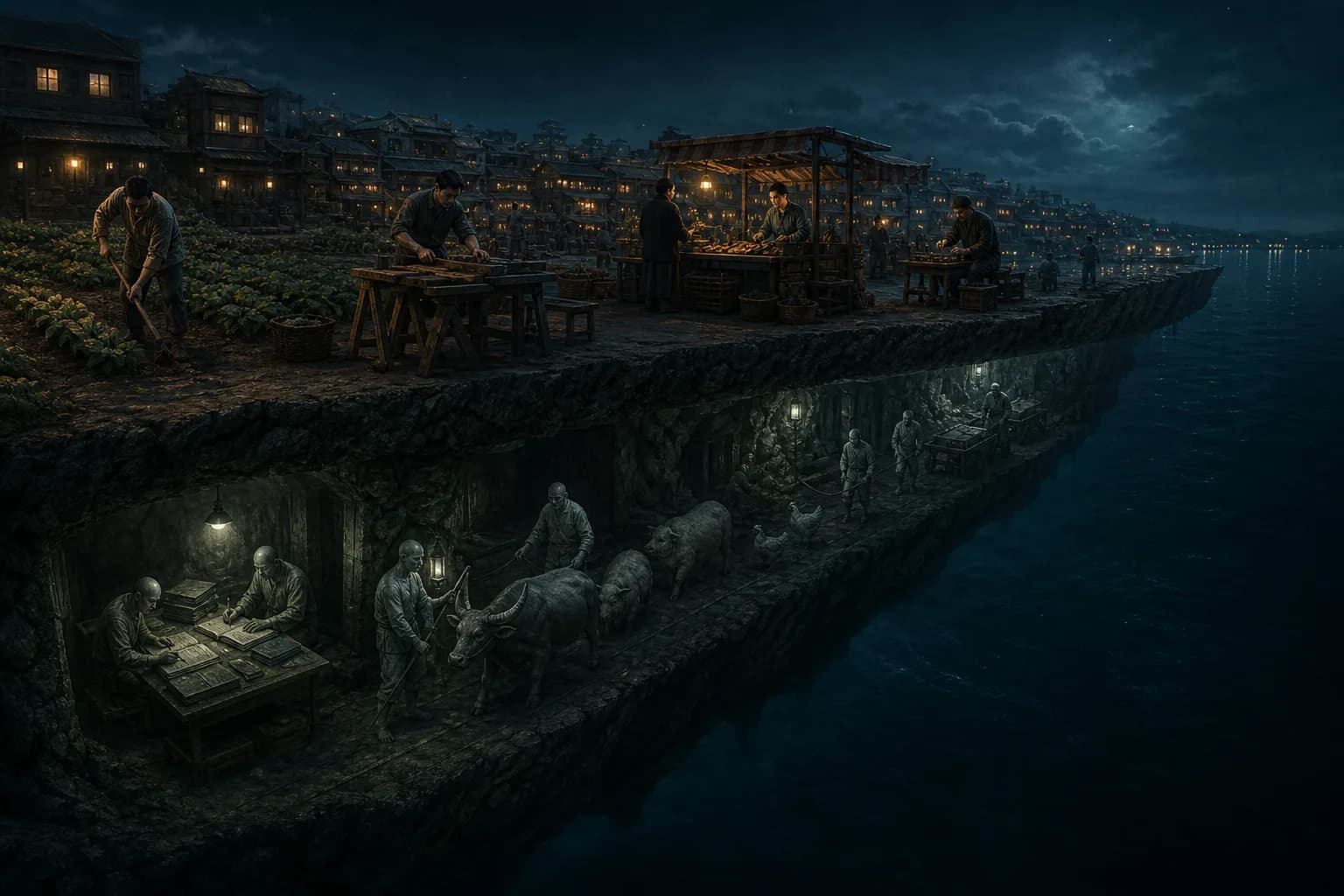 Night cross-section of a floating isle: farming, craft, a stall; scribes and ferry-workers with livestock under the crust