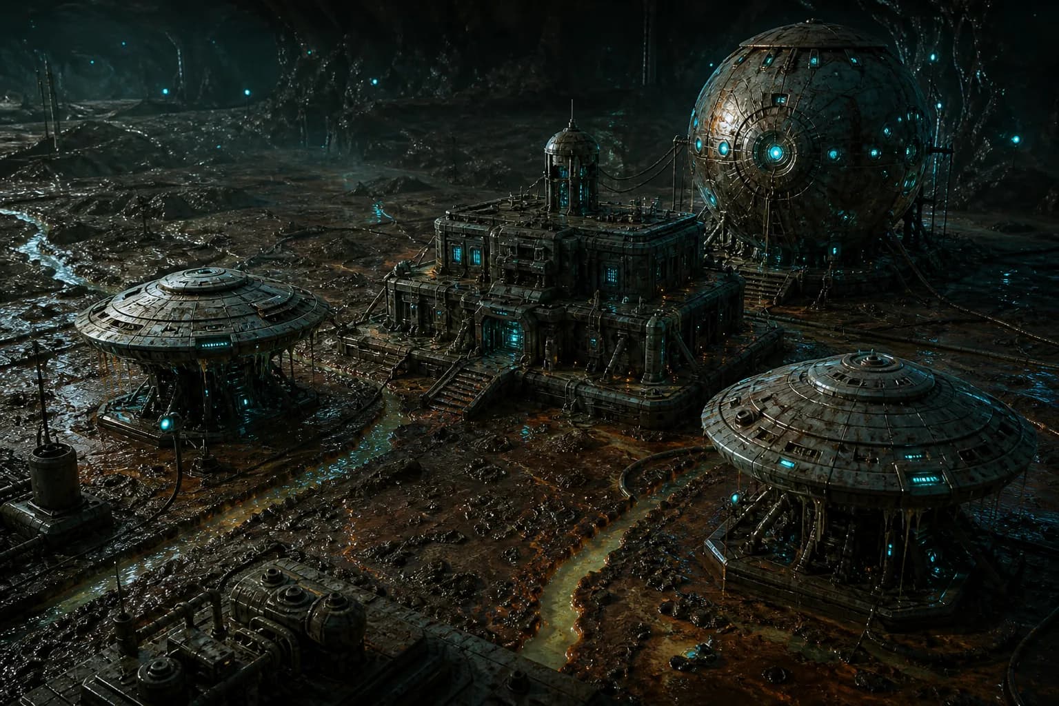 Marsh-mud yin-court HQ: metal barracks in a mud cavern, parked craft platforms and a spherical tank