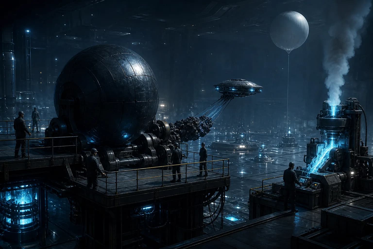 Sun–Moon duty: Star Lords in the hall steering the magnetic sun-sphere and craft, refining CO₂, clearing slag